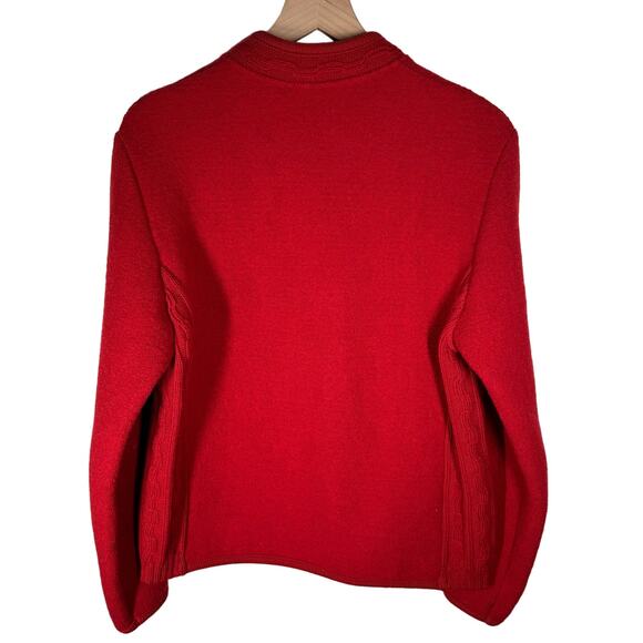 100% Boiled Wool Cardigan Cherry Red Cable Knit Size L Holiday Christmas Granny - Picture 8 of 16